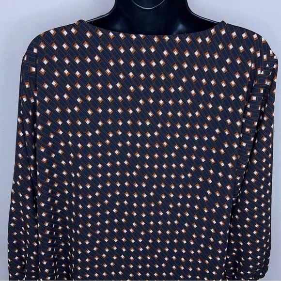 LARGE APT 9 BLACK BROWN WHITE SQUARE PRINT ART DECO BLOUSE STRETCH - Picture 7 of 12